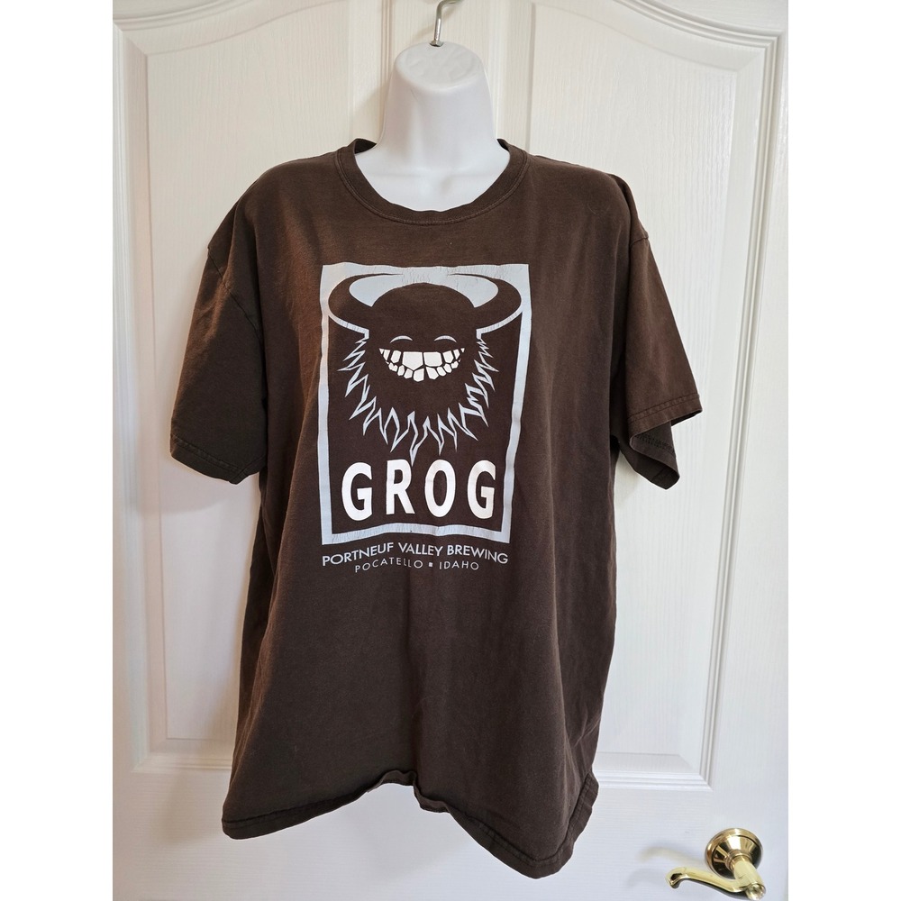 Vintage Grog Portneuf Valley Brewing Pocatello‎ Idaho Shirt Brown Gildan L /0497